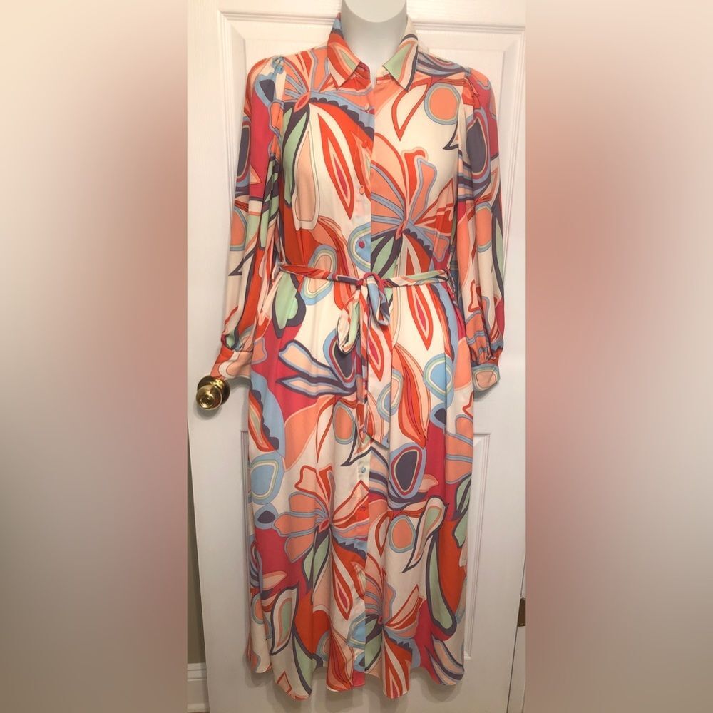 Alexis Maxi Shirt Dress Multi Floral Pink Orange Blue Purple Size Small Belt